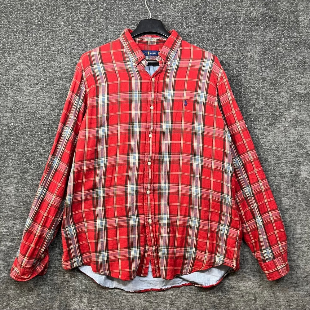 Ralph Lauren Button Down Shirt Mens 2XL Red Plaid Good Classic Fit Long Sleeve